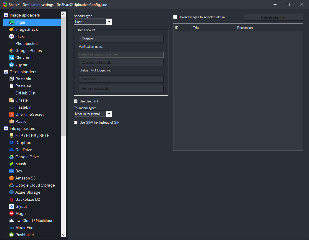ShareX Imgur destination settings screenshot