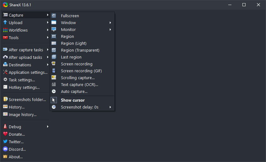 ShareX capture menu: fullscreen, region, scrolling capture, recorder